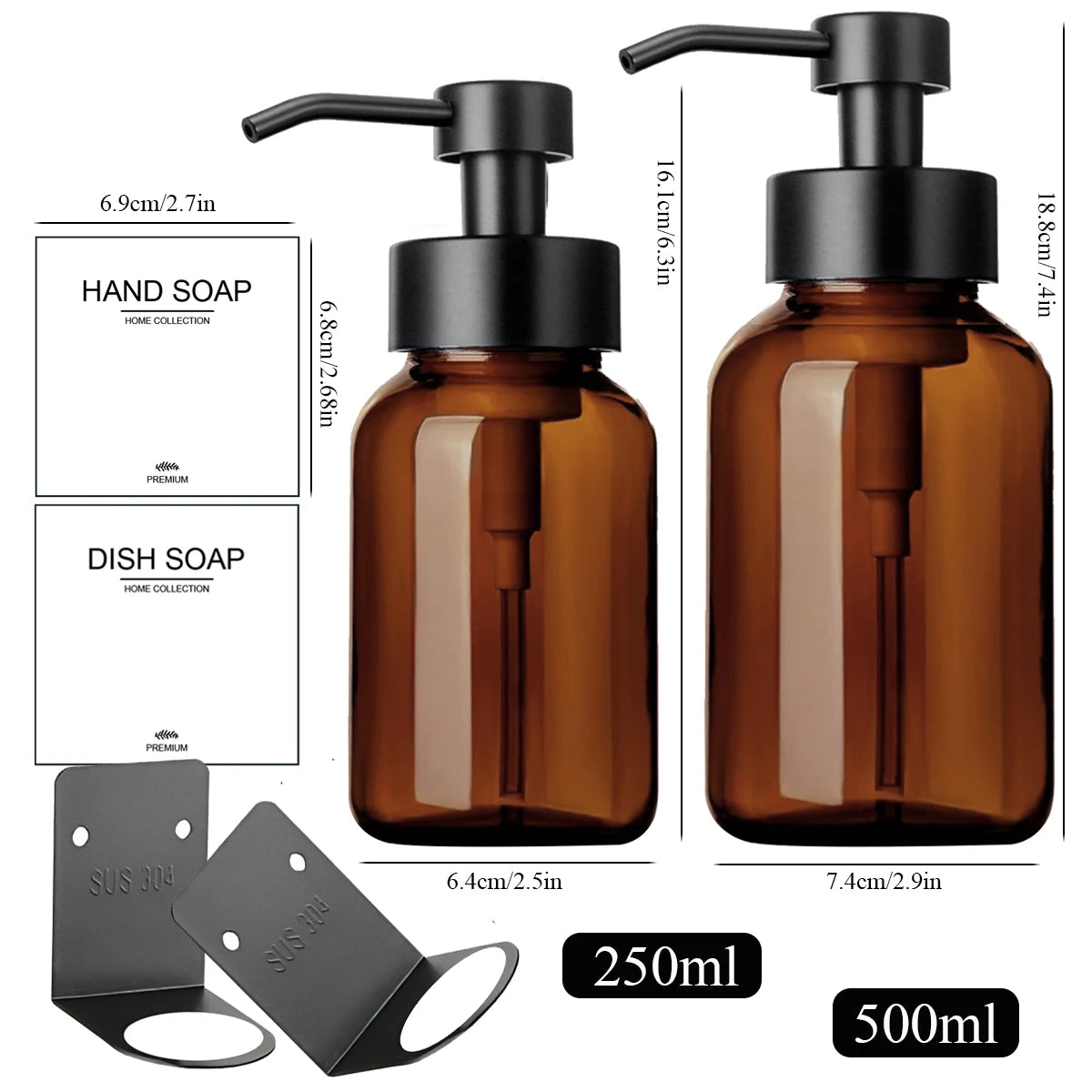 2PCS Wall Hanging Hand Soap Dispenser with Dish Soap Bottle Set Hand Foaming Dispenser with Hanger, Kitchen/Bathroom Bottles Qme