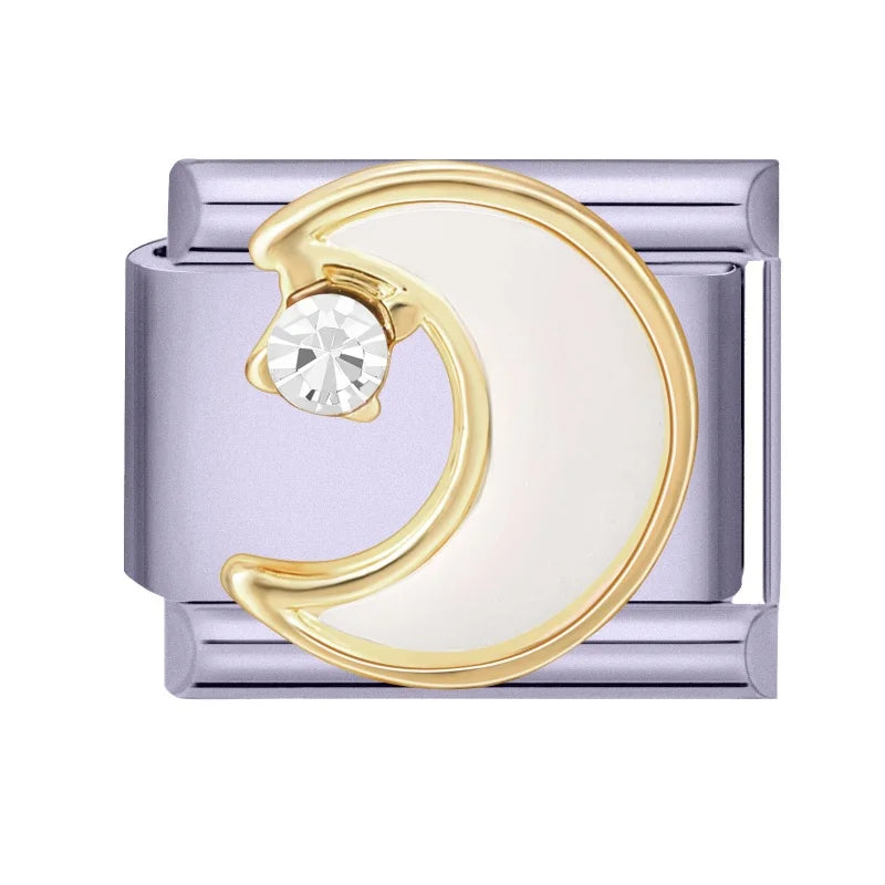 Sweet Shiny Gold Color Zircon Bow Moon Cherry Star Italian Charm Links Fit 9mm Stainless Steel Bracelet Women Jewelry DIY Making Qme Style 3