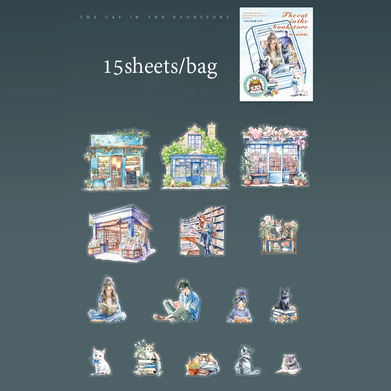 Sticker Pack 15 Sheets/Bag Bookstore Reading Cat Scrapbook Stationery DIY Journal Phone Case Notebook Decoration Qme 3