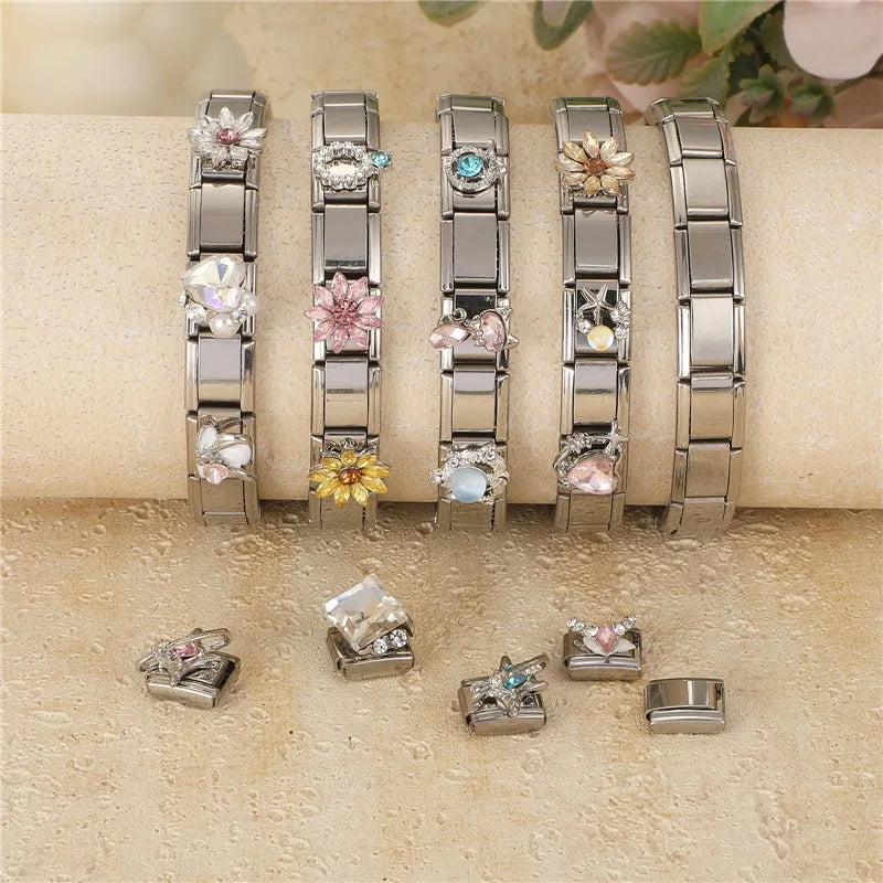 2026 Women Fashion Romantic Blue Heart Love Stars Square Shiny Zircon Italian Charms Fit 9mm Stainless Steel Bracelet Jewelry Qme