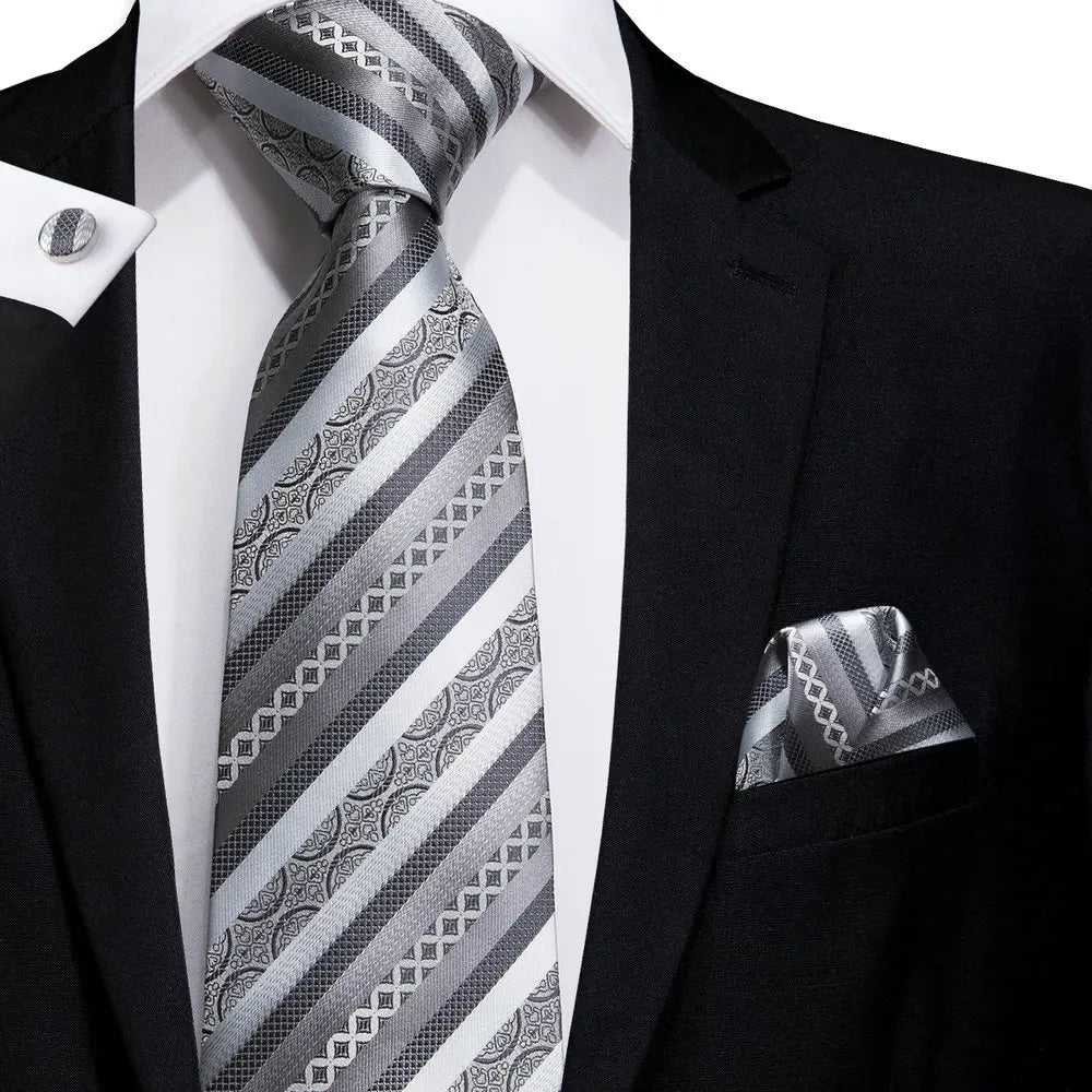 Hi-tie Smoke Grey Tie Men Elegant Mens Necktie Pocket Square Cufflink