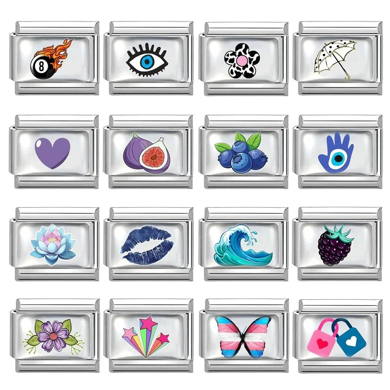 Hot Selling Heart Blue Series Butterfly Fruits Italian Charm Link Fit 9mm Stainless Steel Bracelet Making DIY Beads Jewelry Gift Qme