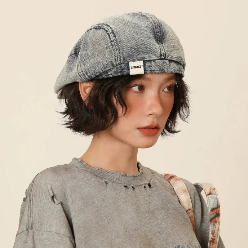 Retro Denim Beret Women's Summer Versatile Washed Old Big Head Qme