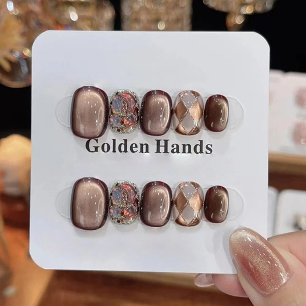 Press Nails Black Chocolate Maillard Plaid Lava Diamond False Nail Qme
