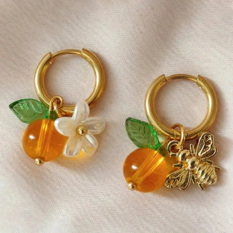 Fashionable Orange Fruit Honey Bee Hoop Earrings For Women Ear Buckle Suitable For Wearing Jewelry Gifts Qme