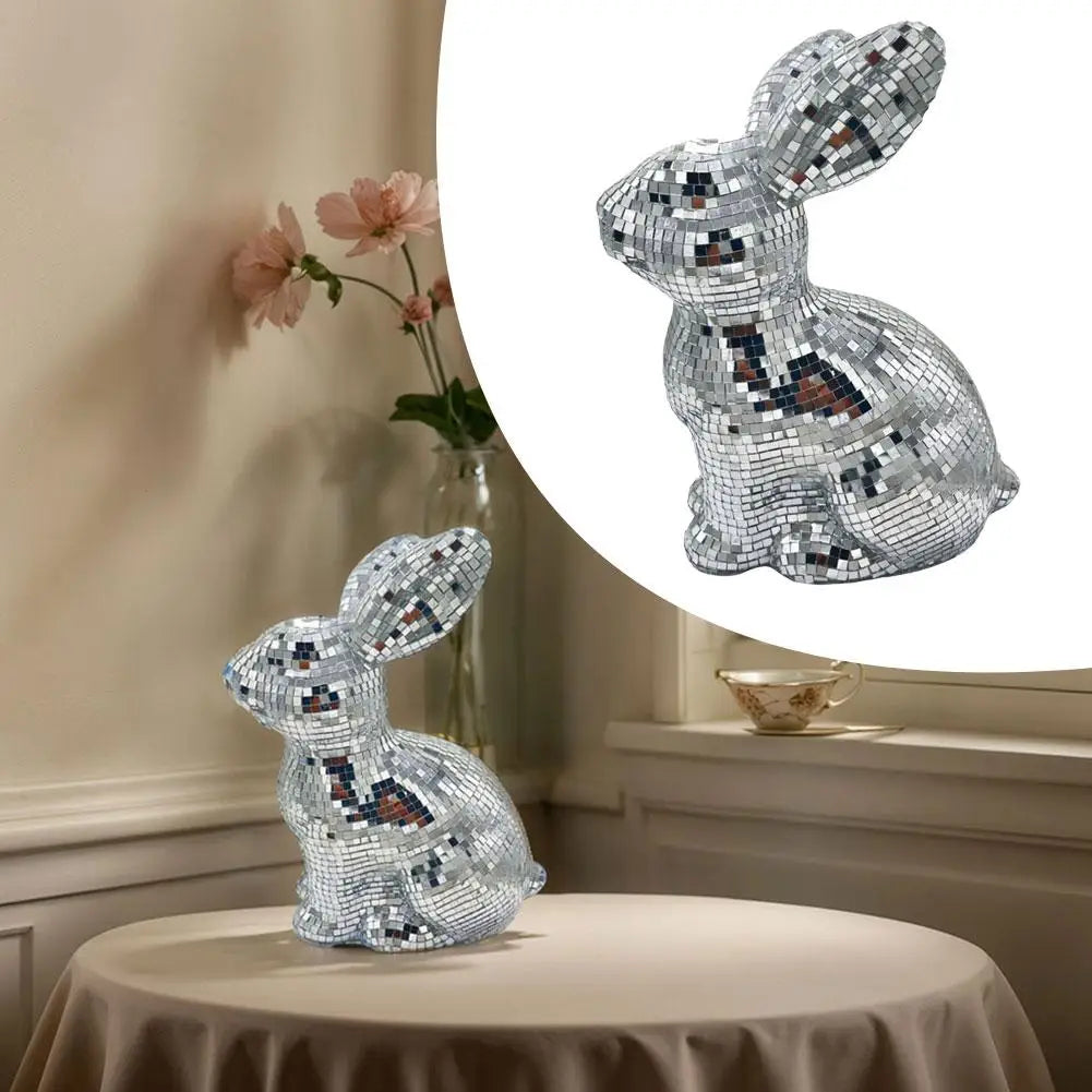 Desktop Mirror Disco Ball Rabbit Figurine Mirror Ball Sitting Bunny Figurine Easter Disco Ball Rabbit Ornament Home Decoration Qme