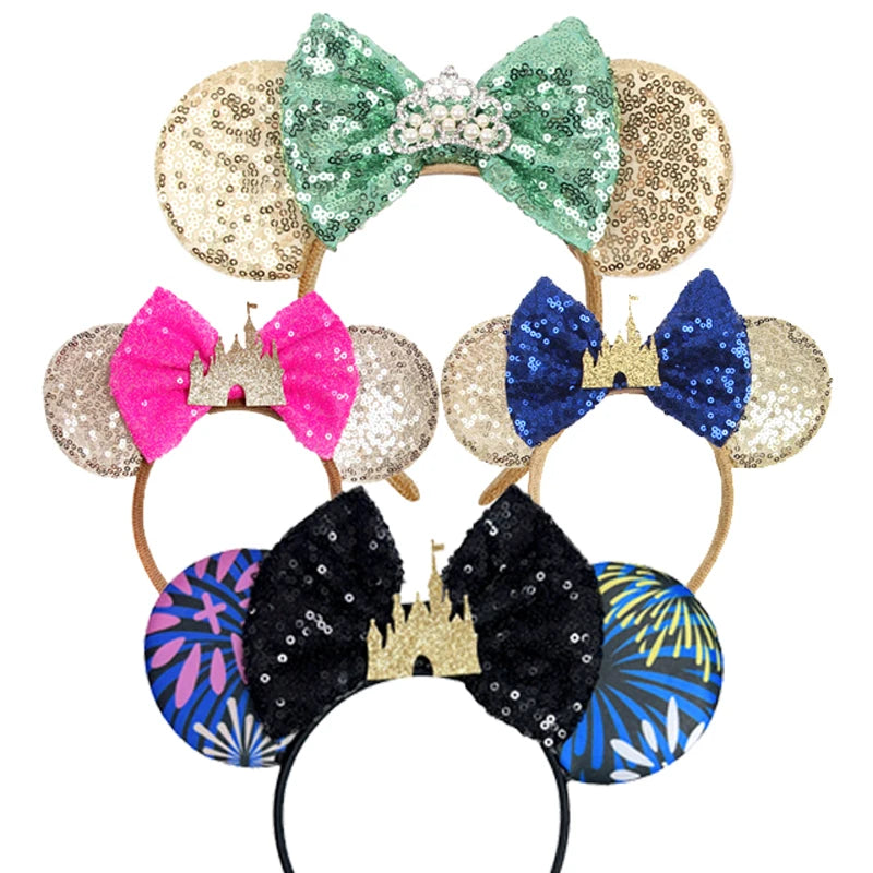 New Glitter Crown Castle Hairband Girls Princess Party Headwear Sequins Mouse Ears Bow Headband Hair Accessories Kids Boutique Qme