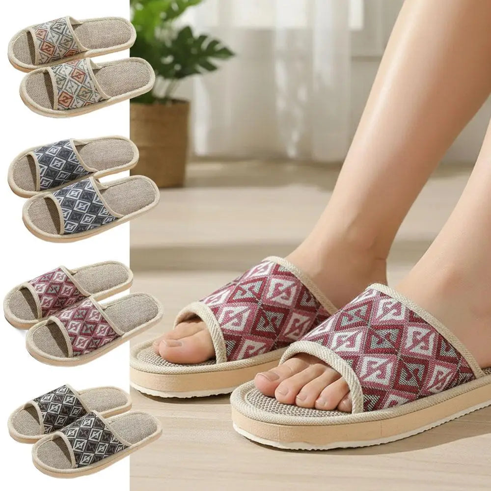 Four Season Couple's Multicolor Linen Slippers Women Indoor Striped Non-Slip Sandals Men Comfort Indoor Floor Breathable Slides Qme
