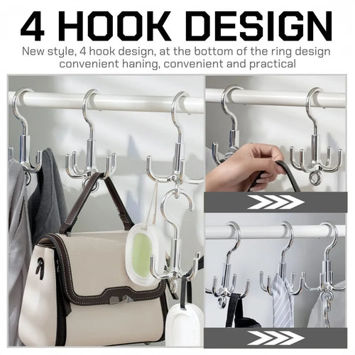 1/2/3Pcs Multifunctional Rotating Clothes Hook Punch Free 4-Claw 360° Rotating Scarf Hanging Storage Hooks for Wardrobe Storage Qme