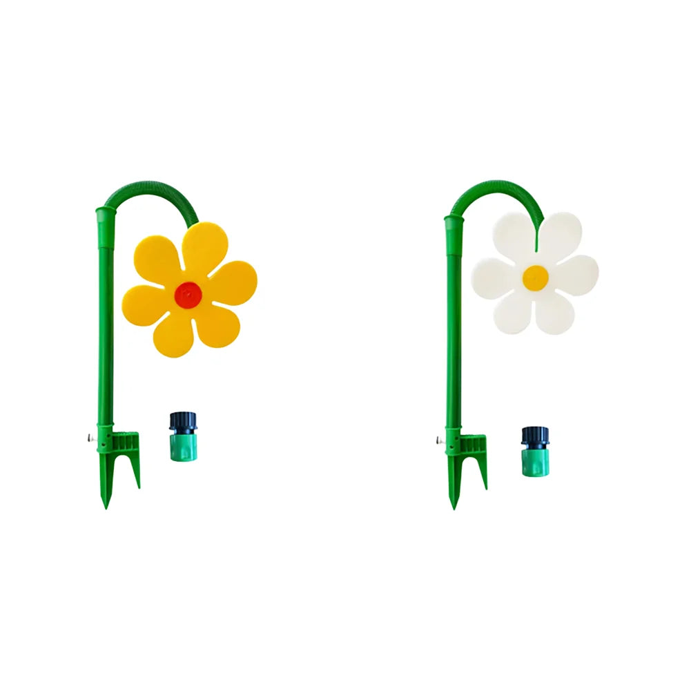 NEW Crazy Spin Sprinkler Flower Shape Dancing Daisy Sprinklers 360 Rotating Water Spray for Yard Lawn Watering Garden Decor Qme Yellow and White