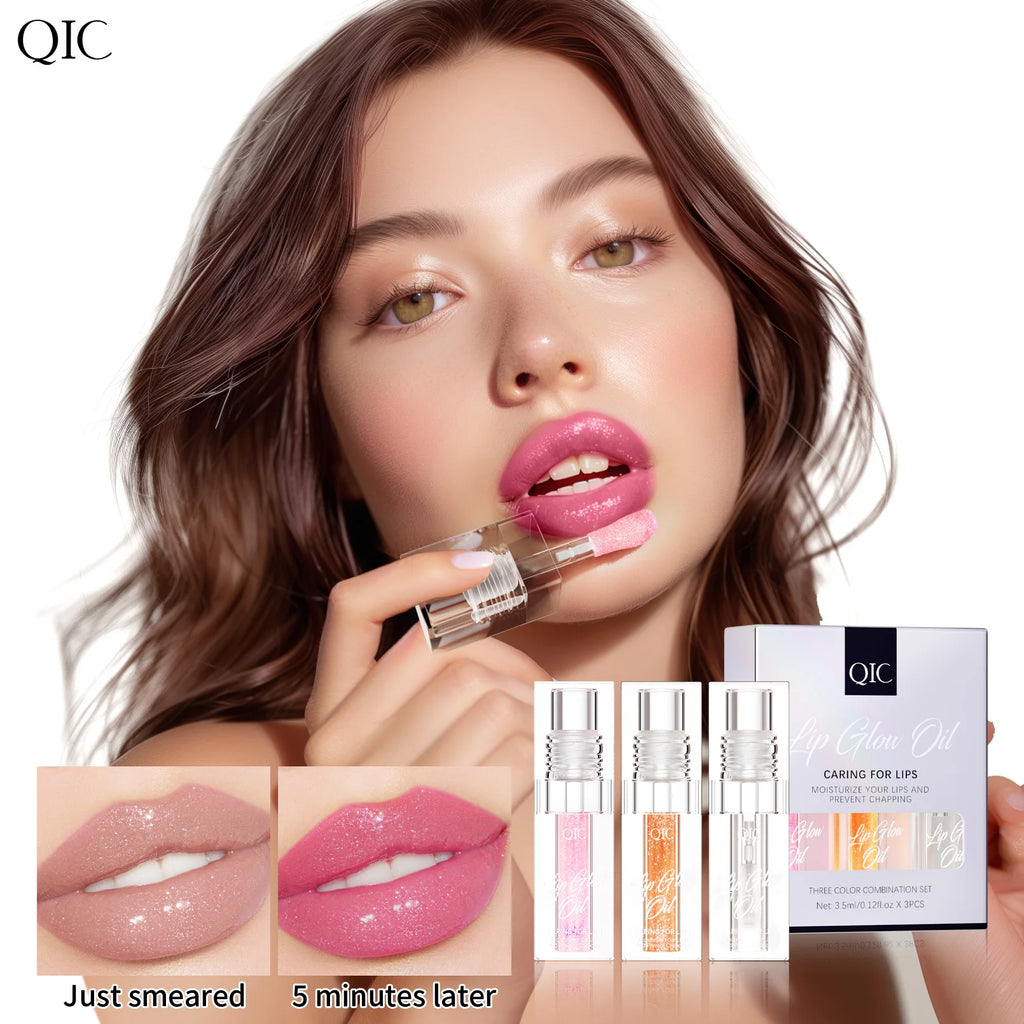 3 pcs Fine Sparkling Lip gloss set - Easy to color, non-stick，non-fading, moisturizing & shiny lip gloss set, a gift for ladies Qme
