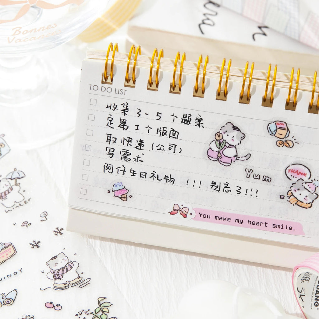 1 Roll Kawaii Lucky Cat Life Theme Glitter PET Tape for Background Decor Scrapbooking DIY Collage Phone Case Notebook Qme