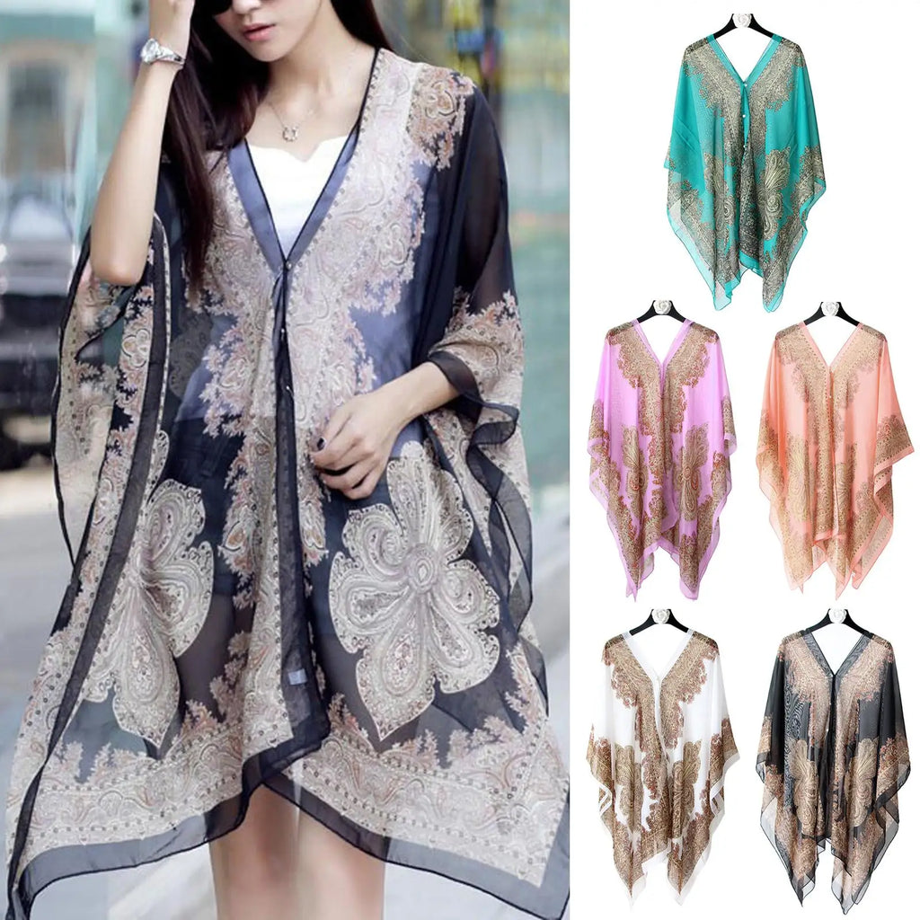 Woman Chiffon Blouse Fashion Women Scarf Shawl Printed Sunscreen Sun Protection Shawl Beach Shawl Soft Loose Bikini Cover Tops Qme