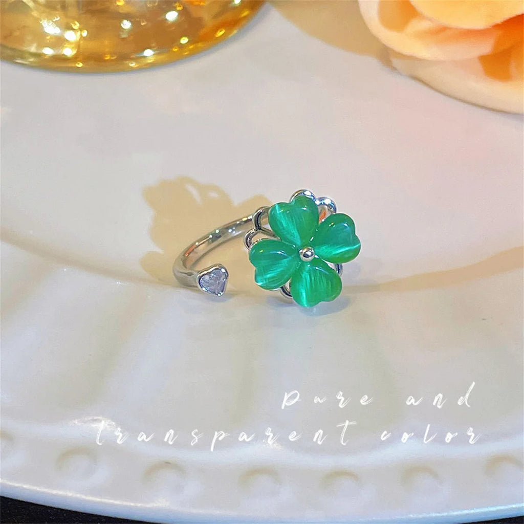 Cute Romantic Purple Four Leaf Zircon Flower Adjustable Rings for Women New Charm Gold Color Stainless Steel Finger Jewelry Gift Qme