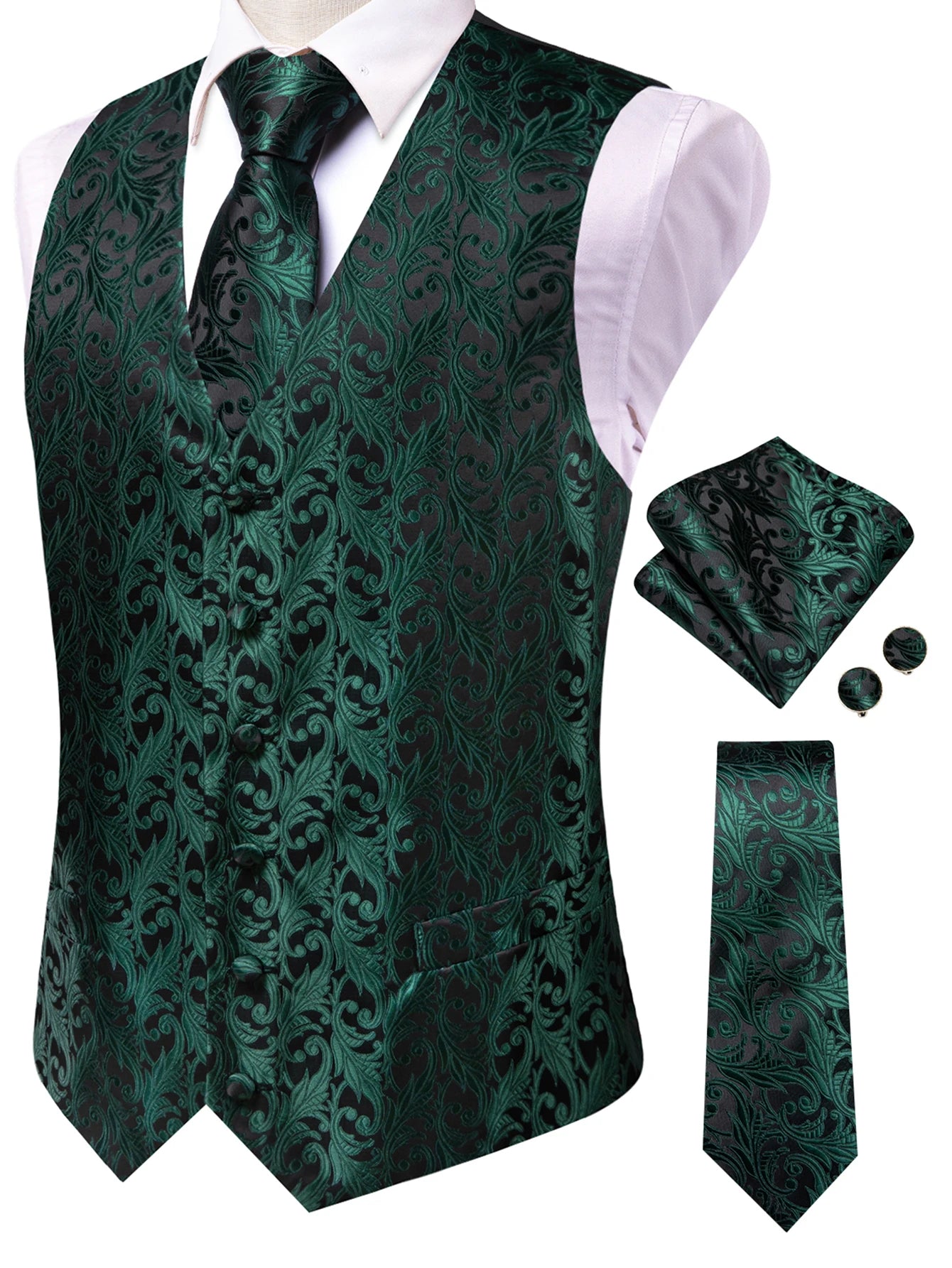 Men's Classic Floral Vest Tie Hanky Cufflinks Waistcoat Weddings Qme HT-MJ-0211 XXXL