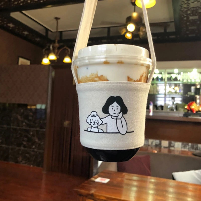 1Pc Portable Water Bottle Holder Carry Bag Coffee Cup Storage Sleeve Cover Canvas Printing Milk Tea Set Drinking Bottle Strap. Qme