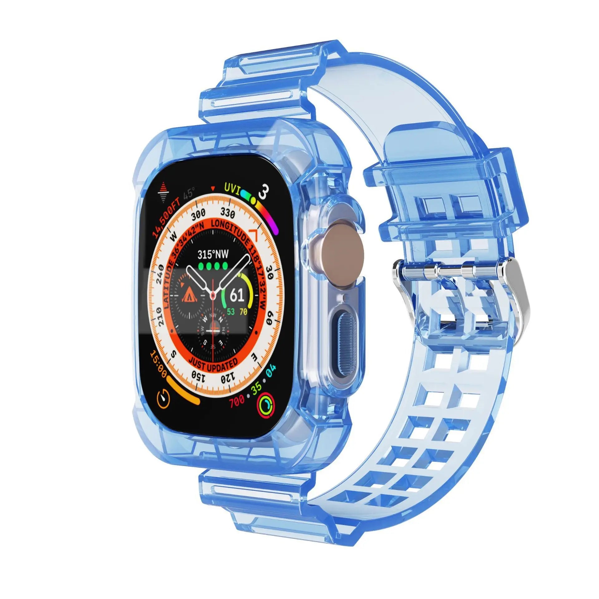 T 1 PCS Suitable for Apple Watch Transparent Jelly Colored Silicone Strap Integrated Waterproof Watch Protective Case for iWatch Qme Blue 49mm
