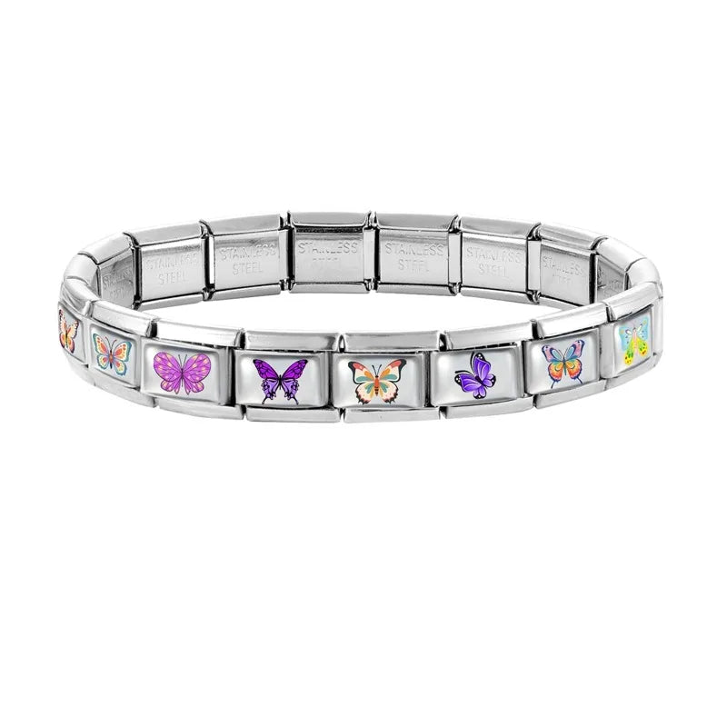New Y2K Attractive Purple Butterfly Colorful Flower Italian Charm Link fit 9mm Stainless Steel Jewelry DIY Making Bracelets Gift Qme