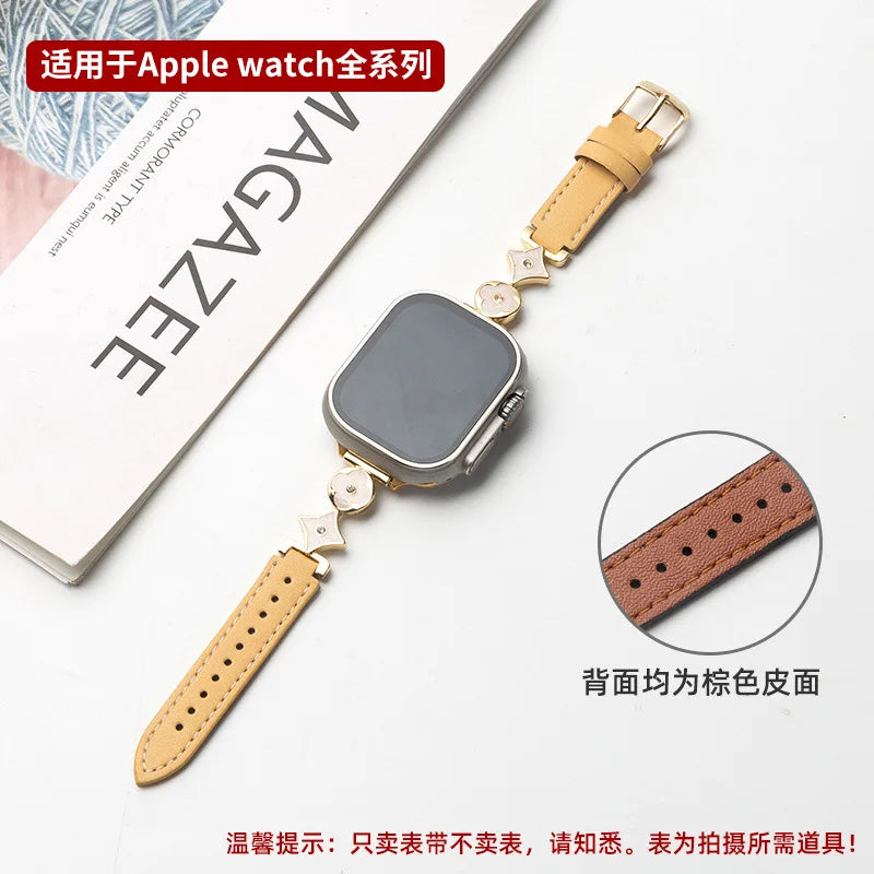 Applicable to iWatch10 strap Apple S9 watch AppleWatch metal four-leaf clover S8 leather S7S6 women's model Qme Gold with yellow Ap-3841S10-42mm