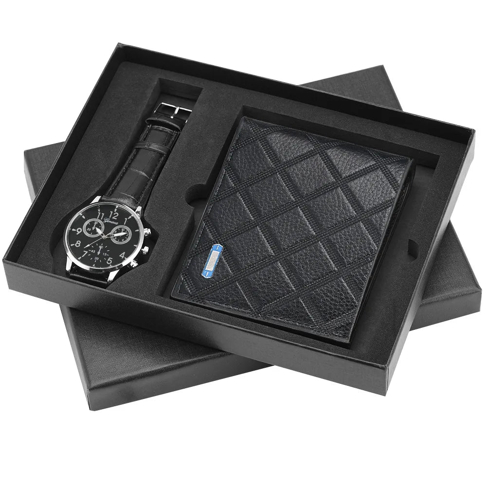 2 Pcs/Set Fashion Men Watch Wallet Gift Box Quartz Wristwatch Leather Strap Male Wallets Purse Birthday Gift for Father Husband Qme Rose