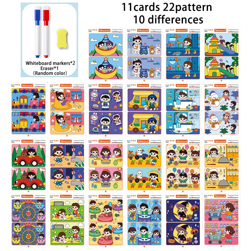 Focus Training Spot the Difference Game Reusable Cards for Training Focus and Concentration,With Erasable Pen,3 modes Qme 22 Pages 10different