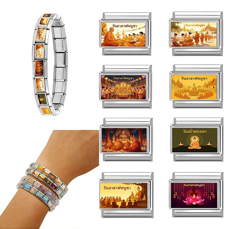 Floating Water Lanterns offer sacrifices Buddhist Lent Charms Italian Links Fit 9mm Bracelet Stainless Steel DIY Making Jewelrys Qme