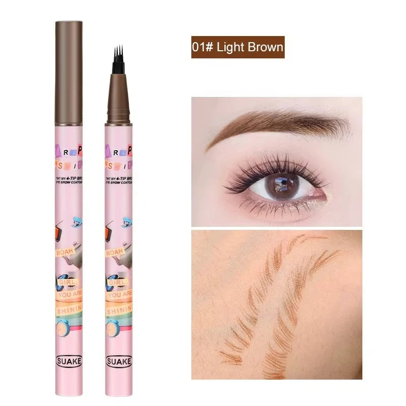 4 Colors Eyebrow Pen Waterproof 4 Fork Tip Eyebrow Tattoo Pencil Cosmetic Long Lasting Natural Dark Brown Liquid Eye Brow Pencil Qme