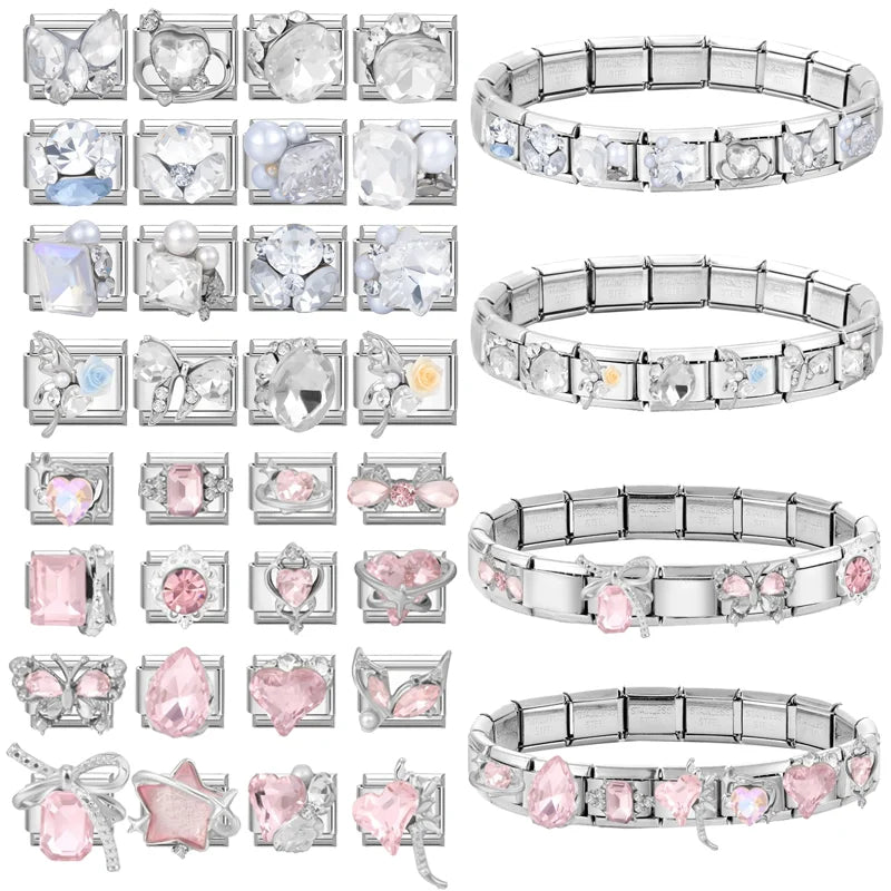 Y2K Blue Pink Gems Bows Heart Water Drop Butterfly Italian Charm Links Stainless Steel Fit 9mm Bracelet Jewelry DIY Making Gifts Qme