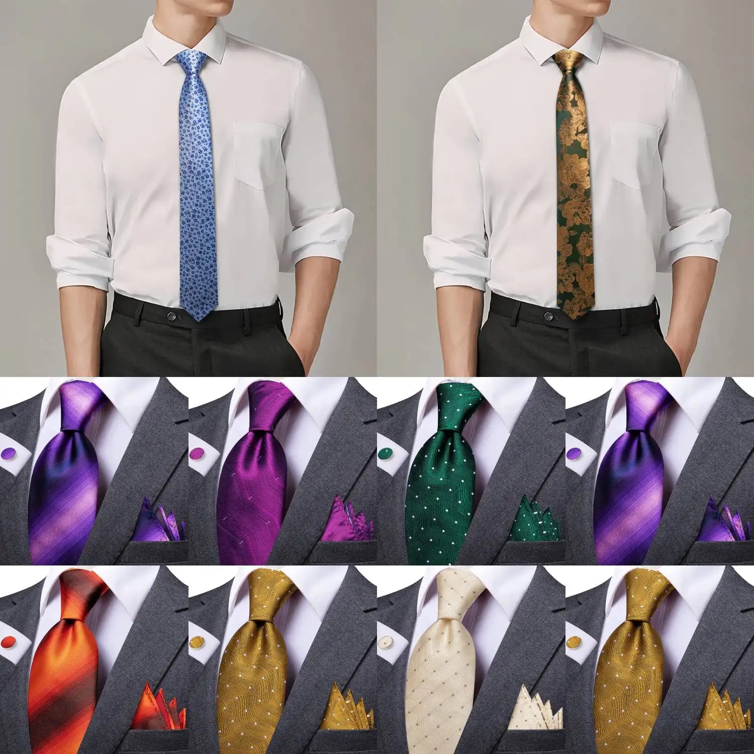 Men's Tie Set with Pocket Square, Colorful Striped Business Collection for Formal Suit Accessories Qme
