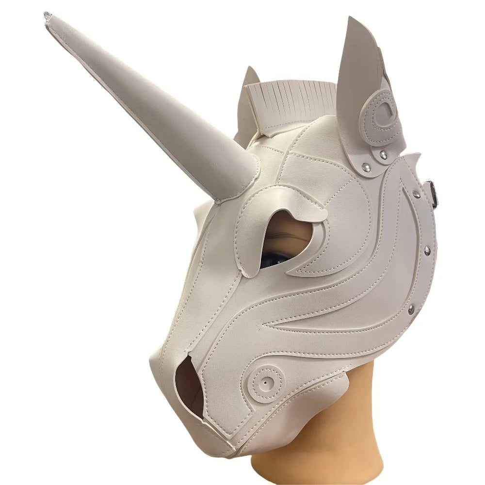 Unicorn Mask Full Face Hood Cosplay Steampunk Halloween Costume Props Party Dress-Up Adjustable Horse Head Animal Hood Handmade Qme