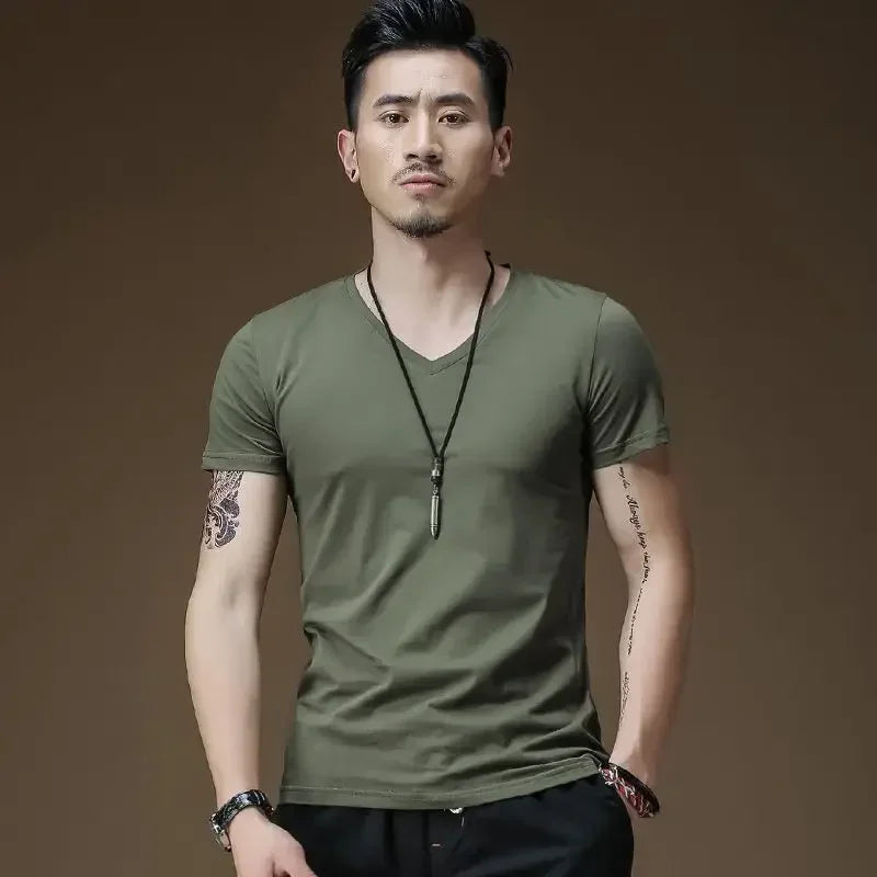 Plain Cotton Gym T-shirt Men Summer Fitness Clothing V-Neck Short Sleeve T Shirt Summer Comfortable Breathable Versatile Top Qme JL 4XL