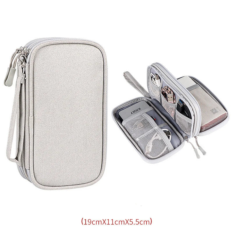 Portable Travel Digital Product Storage Bag Organizer Multi-layer Headset Cable Handbag Charging Treasure USB Data Cable Bag Qme 19X11X5.5CM Gray