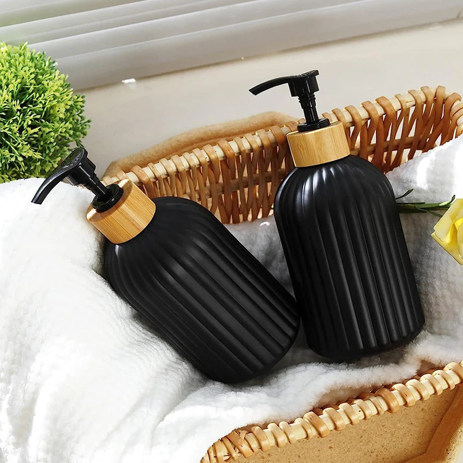 Strip Soap Dispenser with Bamboo Pump Refillable Shampoo Conditioner Hands and Dishes Soap Dispenser Bottle for Kitchen Bathroom Qme