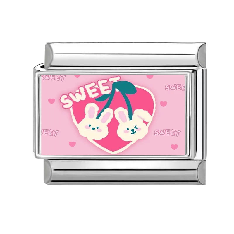 2025 Cute Rabbit Cats Heart Flowers Italian Charm Link Fit Stainless