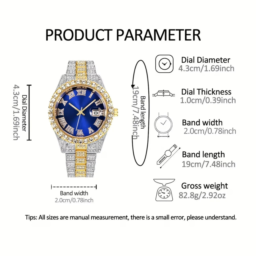 Luxury Two-tone Iced Out Men's Watch Jewelry Set, 4Pcs Blue Dial Watch + Cuban Bracelet + Cross Necklace + Ring, Hip Hop Qme