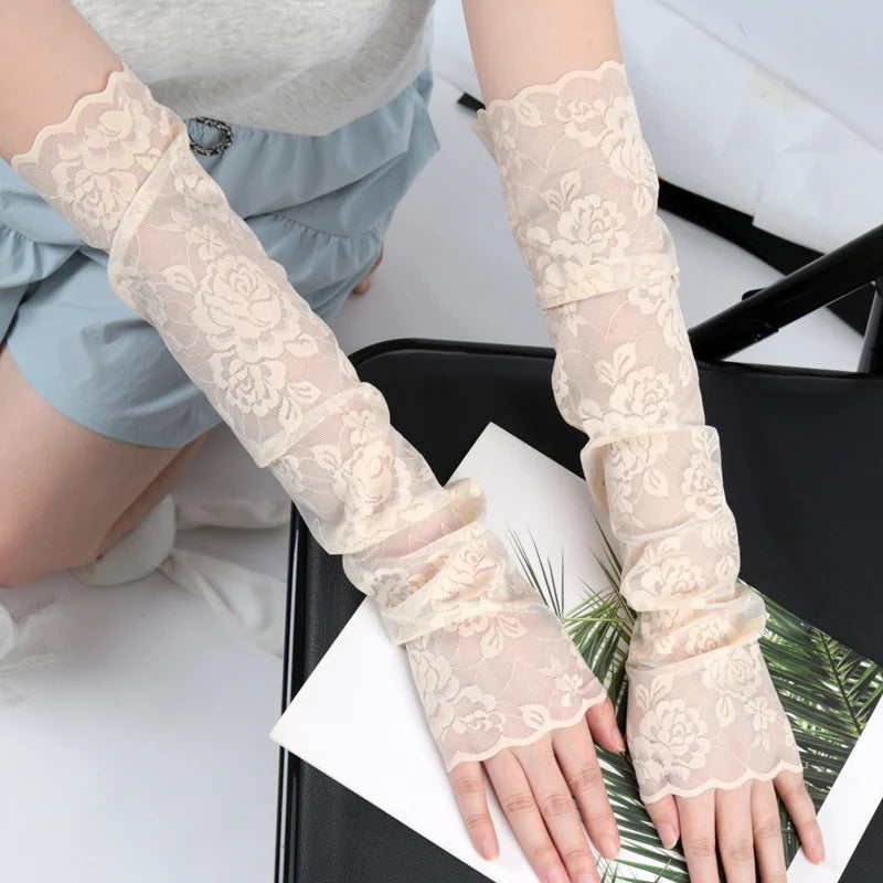 Summer Lace Hollow-out Fingerless Gloves Elastic Driving Cycling Qme Beige