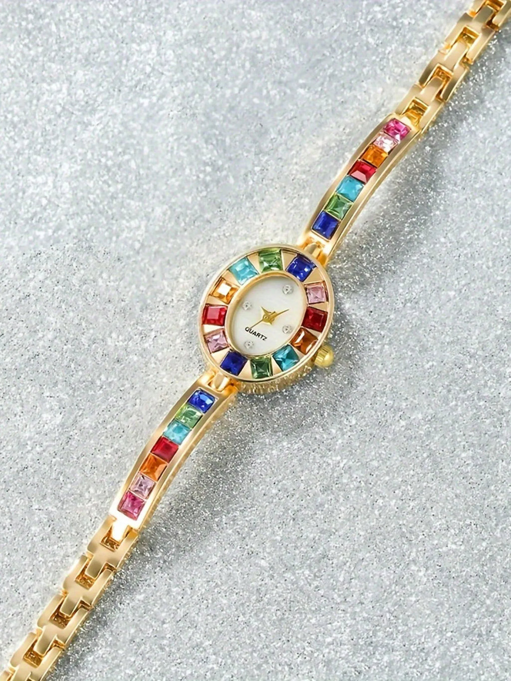 2pcsFashion gradient rainbow luxury women's oval bracelet watch + colorful peacock with sparkling crystals and phoenix bracelet Qme