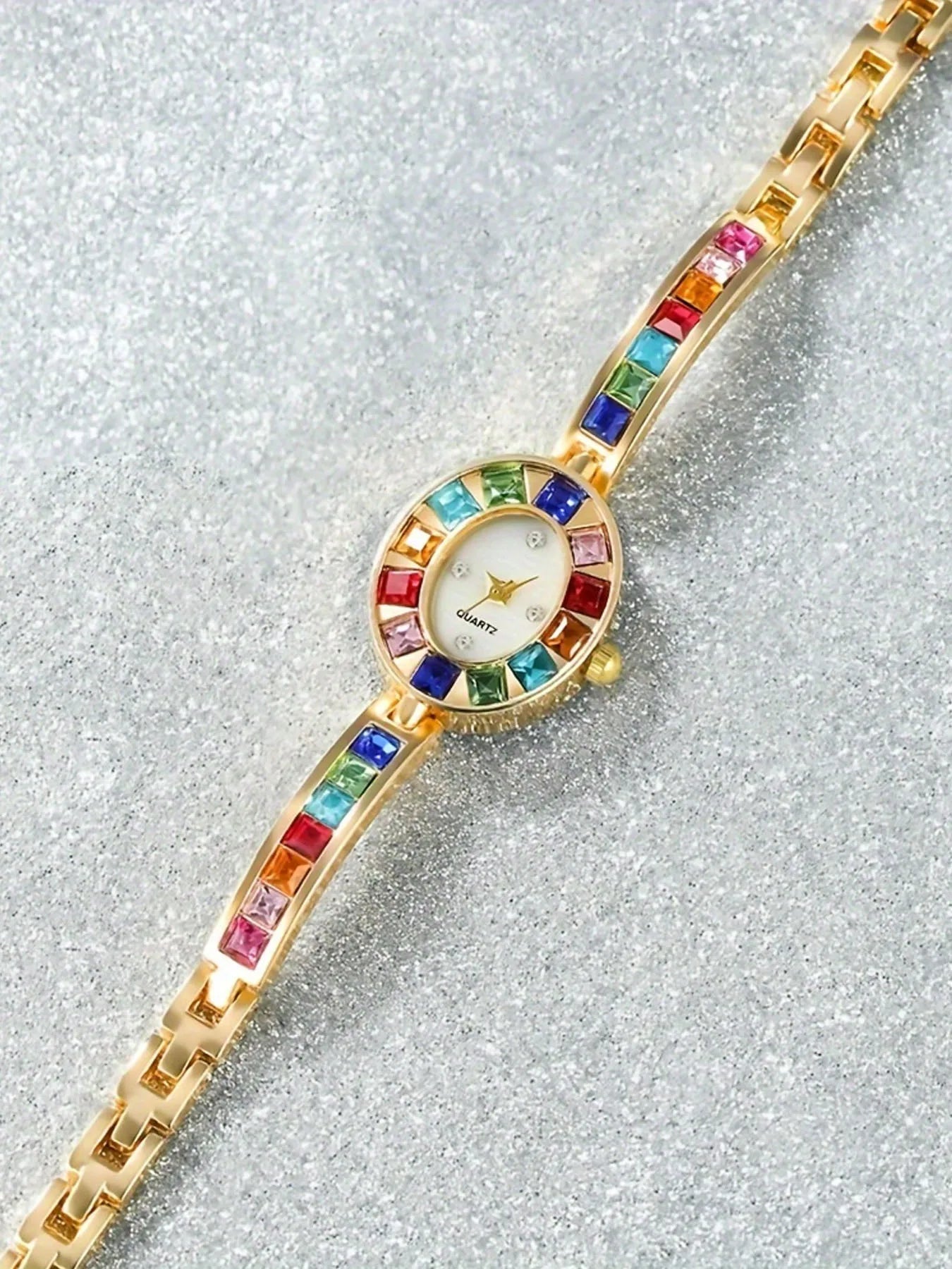 2pcsFashion gradient rainbow luxury women's oval bracelet watch + colorful peacock with sparkling crystals and phoenix bracelet Qme