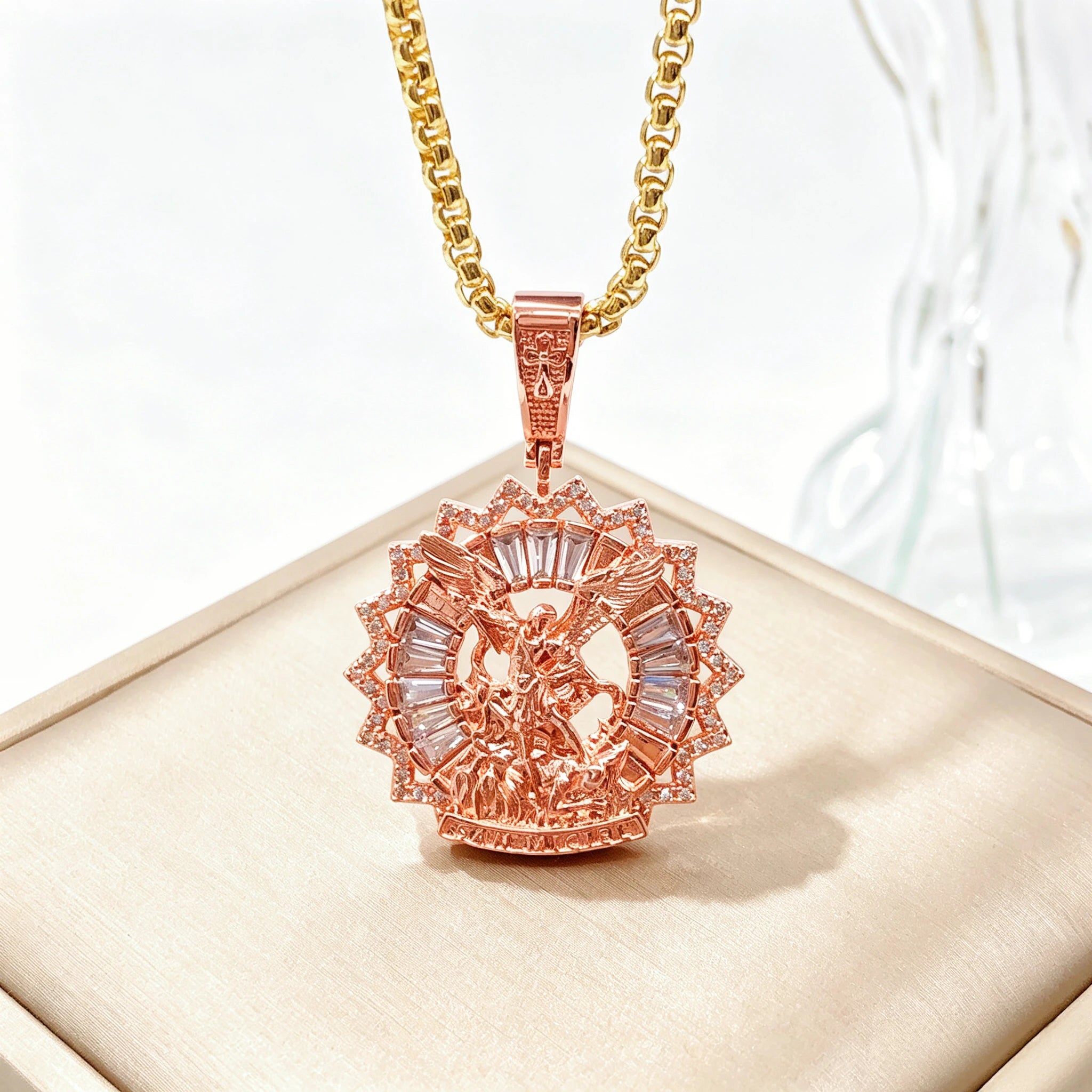 New Arrivals Medallion Religion San Miguel Archangel Zircon Necklace for Men Women Party Gifts Stainless Steel Choker Jewelry Qme 6 60cm
