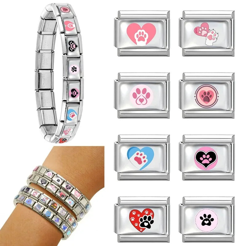 Blue Pink Heart Cute Cats Paw Dog Claw Print Series Italian Charm Links Fit 9mm Stainless Steel Bracelet DIY Making Gift Qme