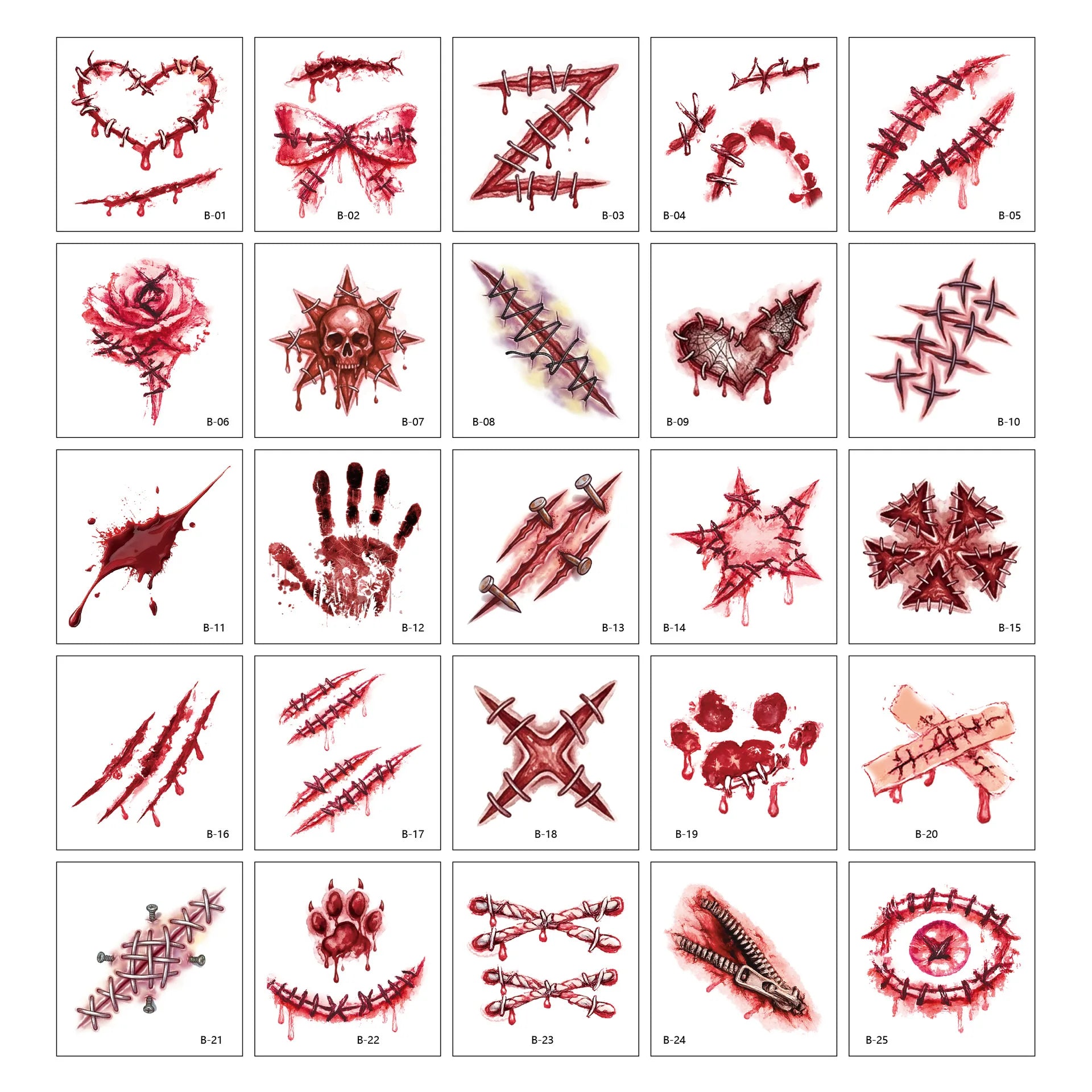 Halloween Horror Realistic Bloody Stitched Scar Temporary Tattoos Qme set