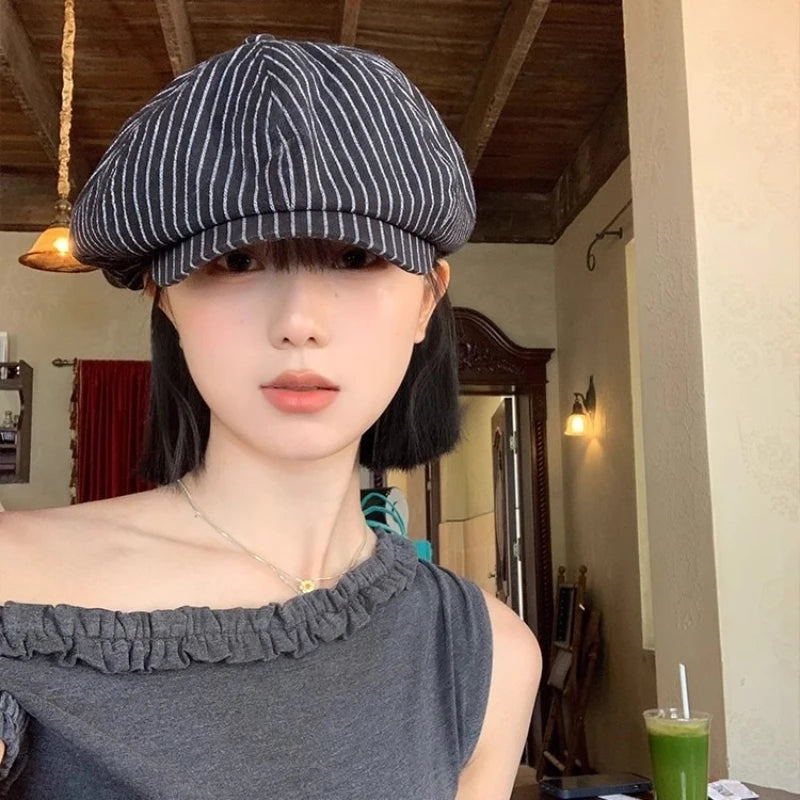 Ladies' Summer Breathable Thin Striped Cotton-linen Beret Qme