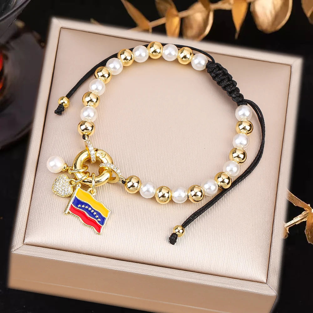Venezuela Flag Cross Black Rope Braided Pearl Bracelet for Man Woman Party Wedding Crown Zirconia Jewelry Daily Wear Qme A