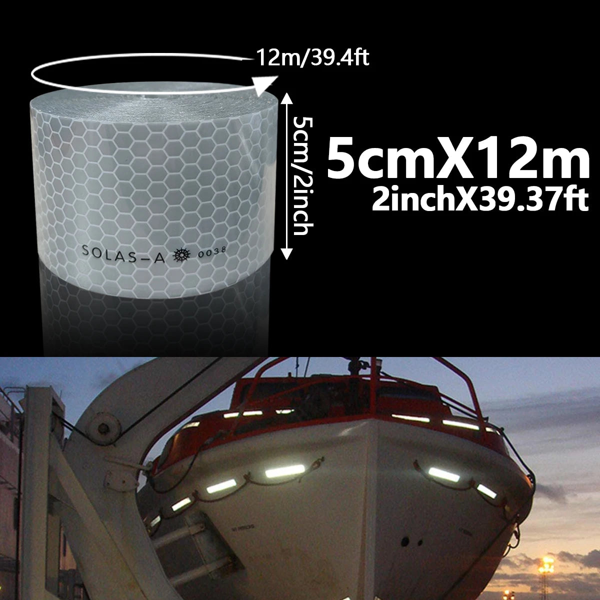 Maritime Film SOLAS Grade Reflective Tape for Ships, Eye-Catching Safety Warning, Silver White Waterproof Super Reflective Qme Length 12m 5cm