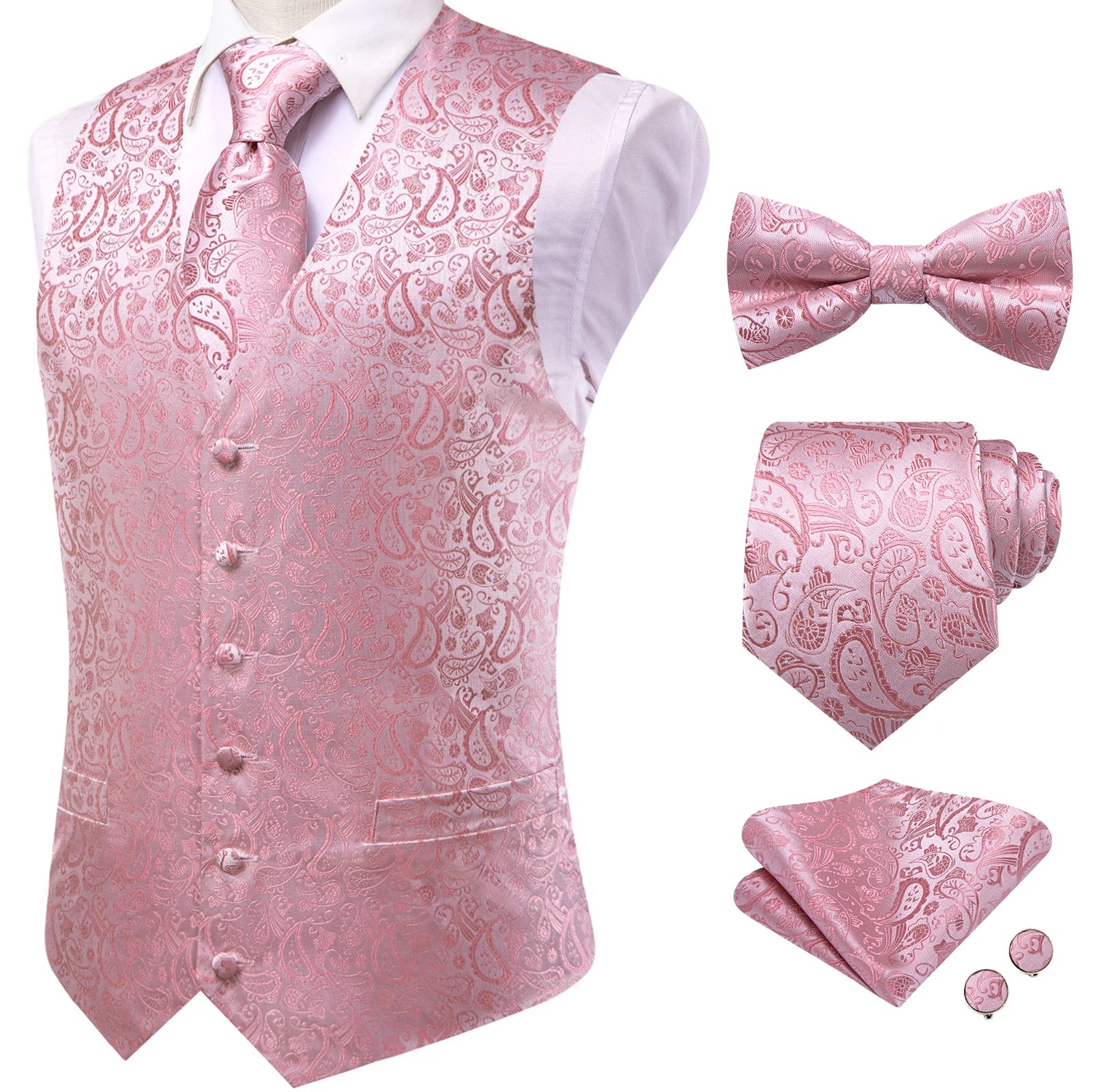 Men Red Pink Floral Paisley V Collar Waistcoat Full Business Party Qme HT-MJTZ0222 XXL