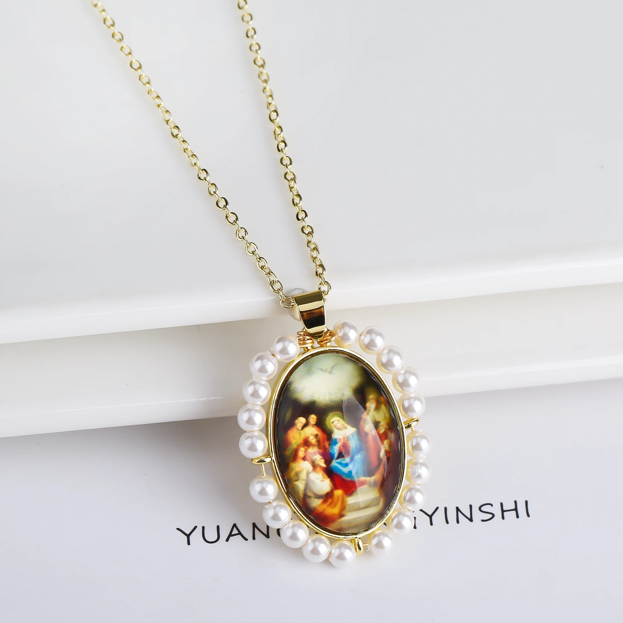 High Quality Hot Sale Religious Style Christian Catholic Image Pendant For Women Men Oval Shape Pave Beads Chain Choker Jewelry Qme 13
