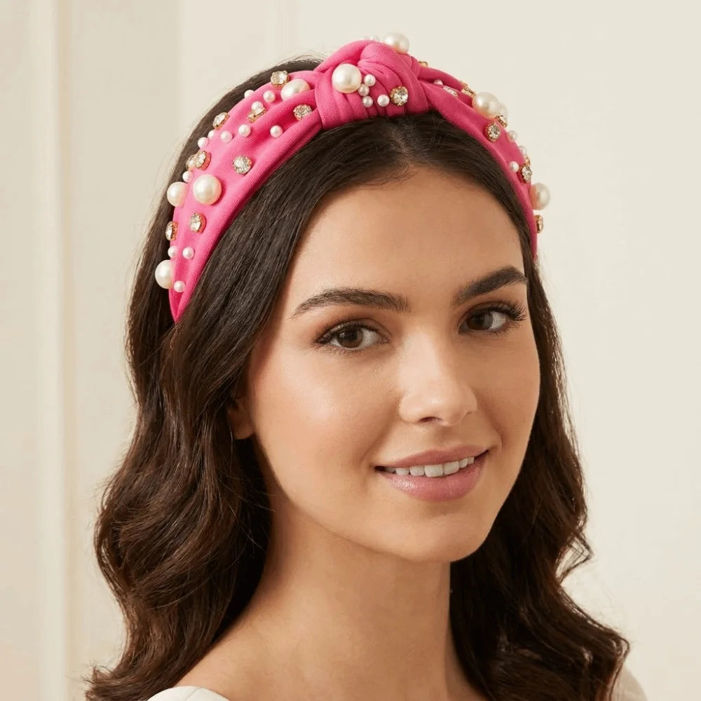 Solid Color Rhinestone Pearl Hairband Wide Edge Nail Pearl Head Hoop Hair Ornament Knot Style Baroque Headband Hair Accessories Qme