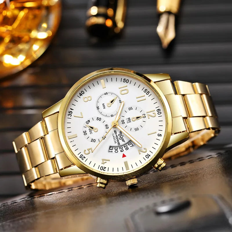 Relógios de negócios masculinos moda banda de aço relógio de quartzo masculino calendário relógio reloj hombre Qme gold
