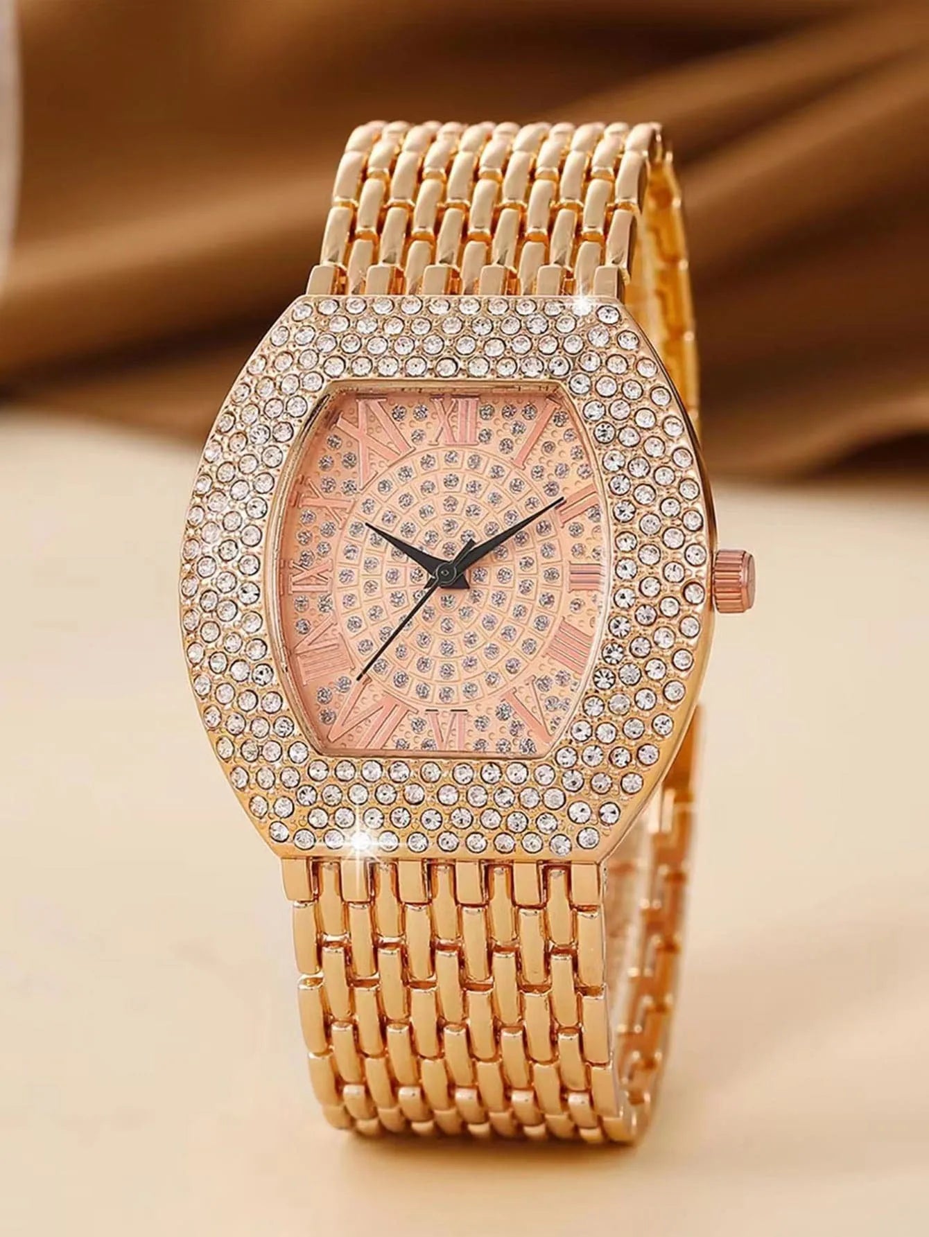 Women Gold Tonneau Watch Full Diamond Bling Roman Dial Stainless Steel Band Quartz Wristwatch Qme