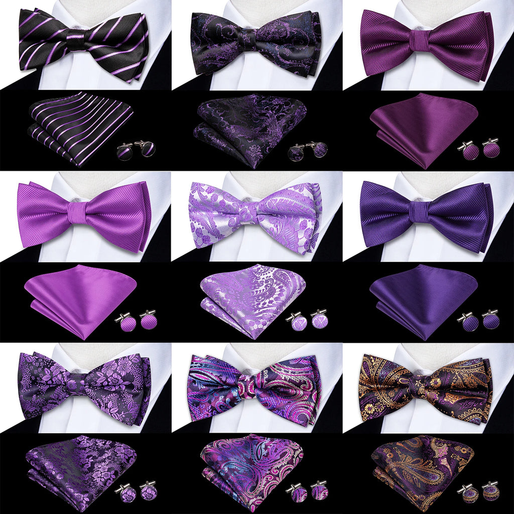 Purple Lilac Lavender Pansy Violet Silk Mens Bow Tie Hanky Cuffs Set Pre-tied Butterfly Knot Bowtie for Male Wedding Business Qme